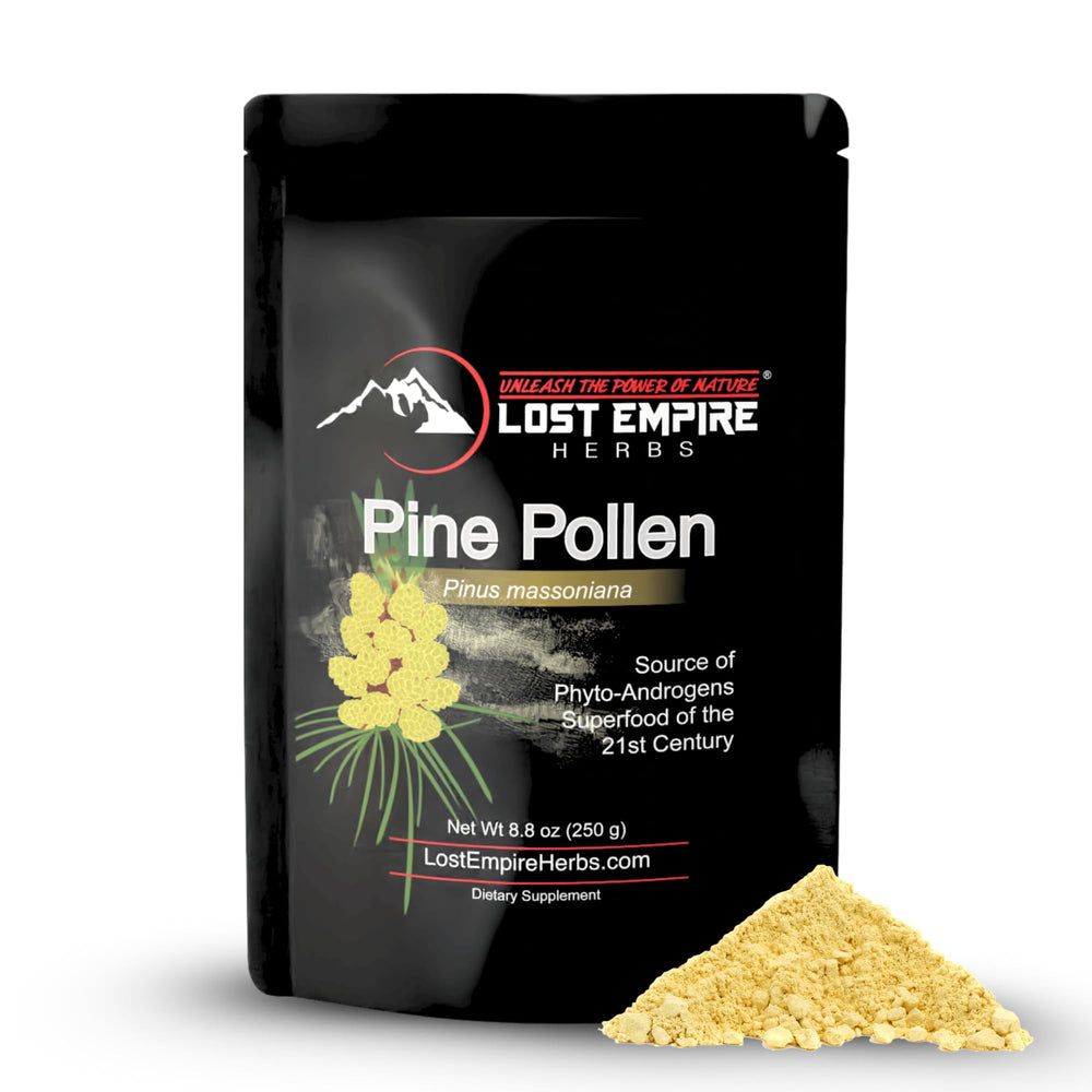 Lost Empire Pine Pollen Powder jar close-up, wild-harvested powder for energy support.