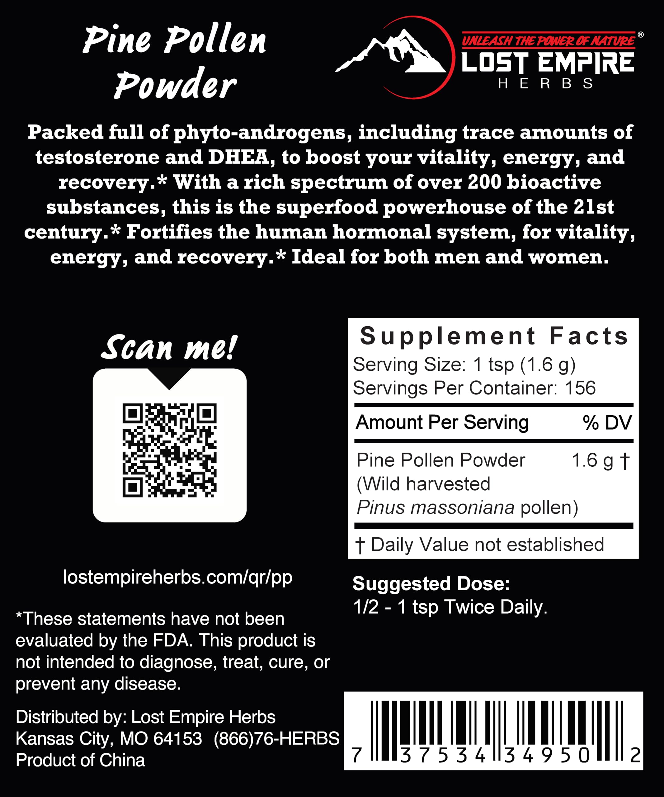 Lost Empire Pine Pollen Powder packaging view highlighting label and clean sourcing.