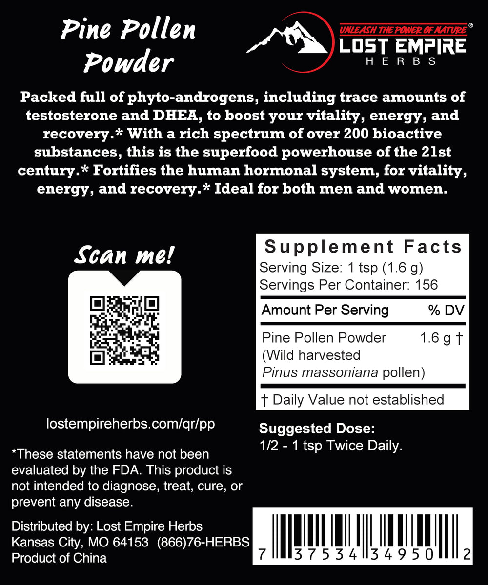 Lost Empire Pine Pollen Powder packaging view highlighting label and clean sourcing.