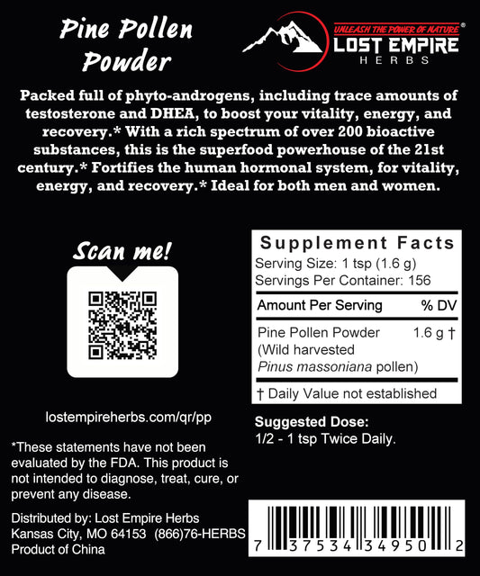 Lost Empire Pine Pollen Powder packaging view highlighting label and clean sourcing.