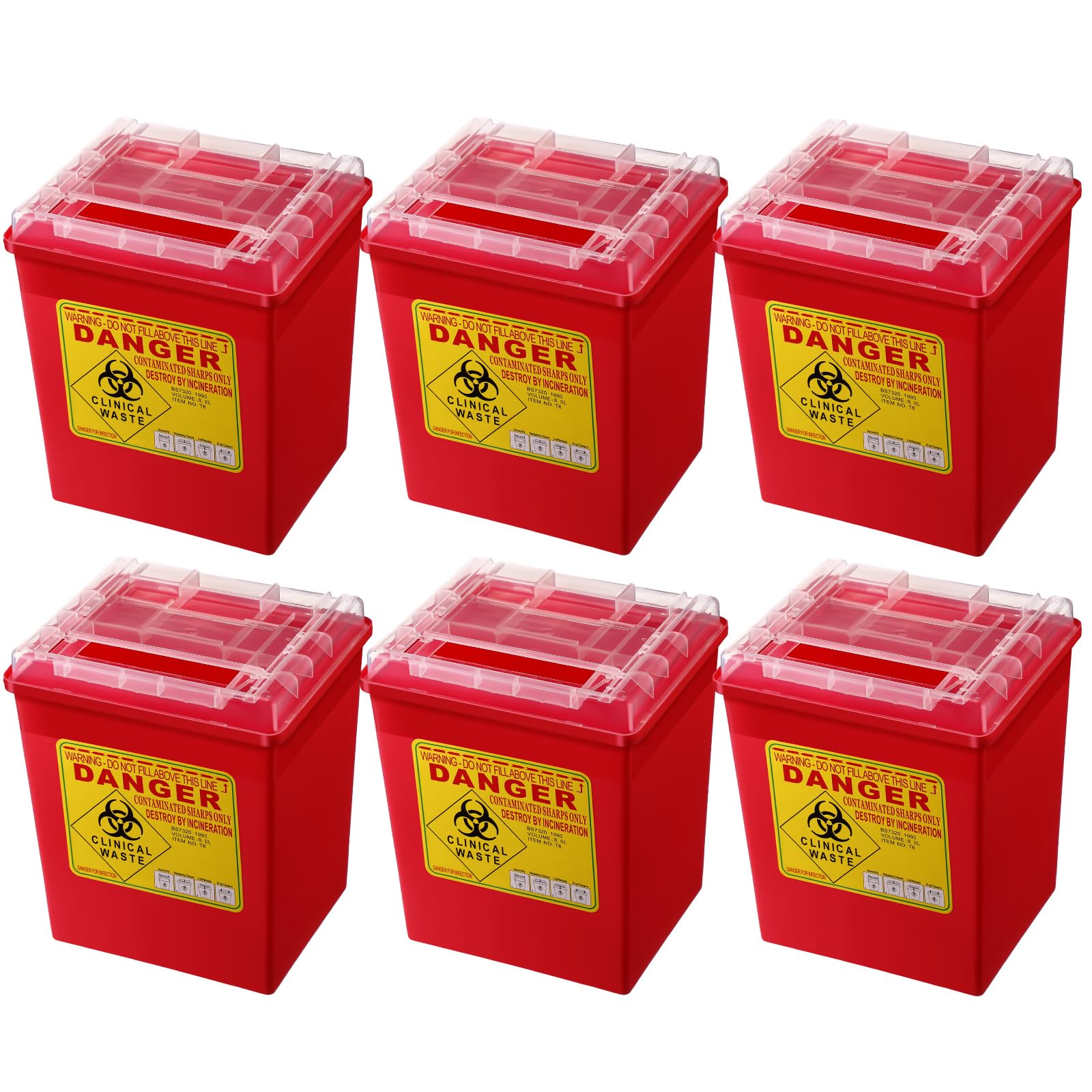 Lothee 6-pack red 2-gallon sharps containers for safe needle disposal in clinics and home