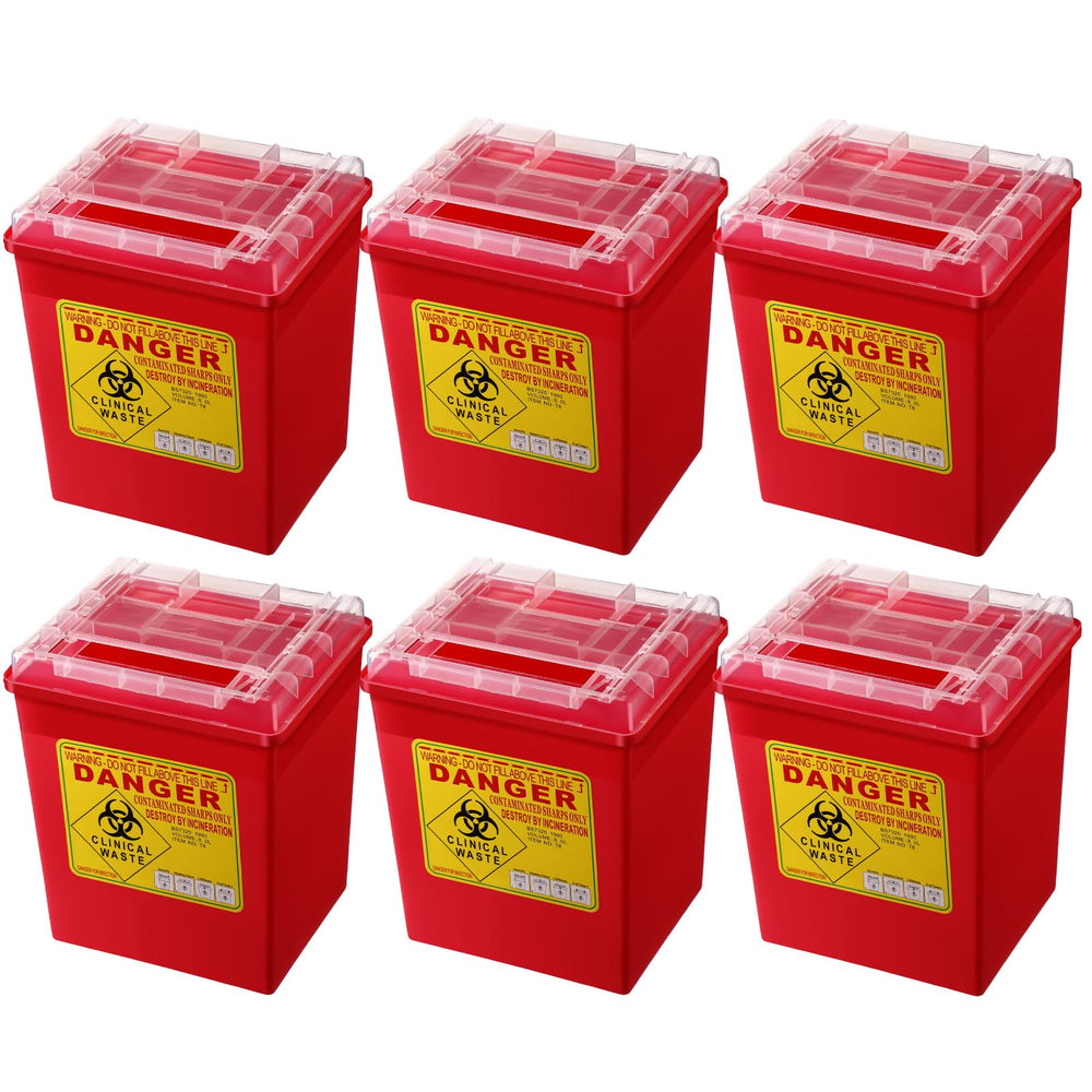 Lothee 6-pack red 2-gallon sharps containers for safe needle disposal in clinics and home