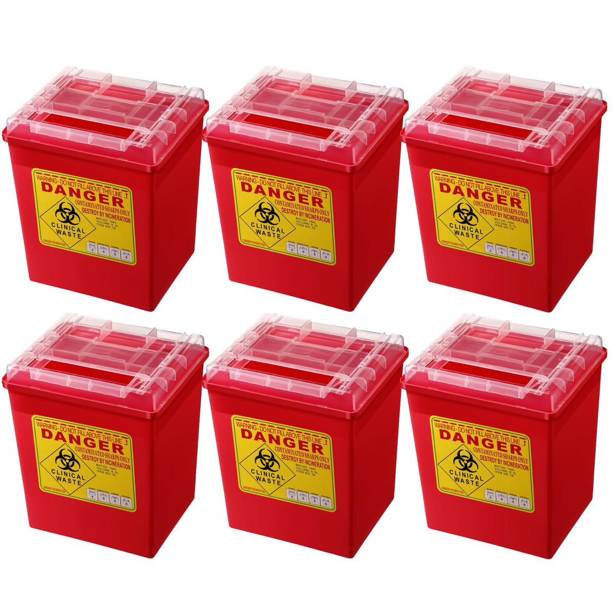 Lothee 6-pack red 2-gallon sharps containers for safe needle disposal in clinics and home
