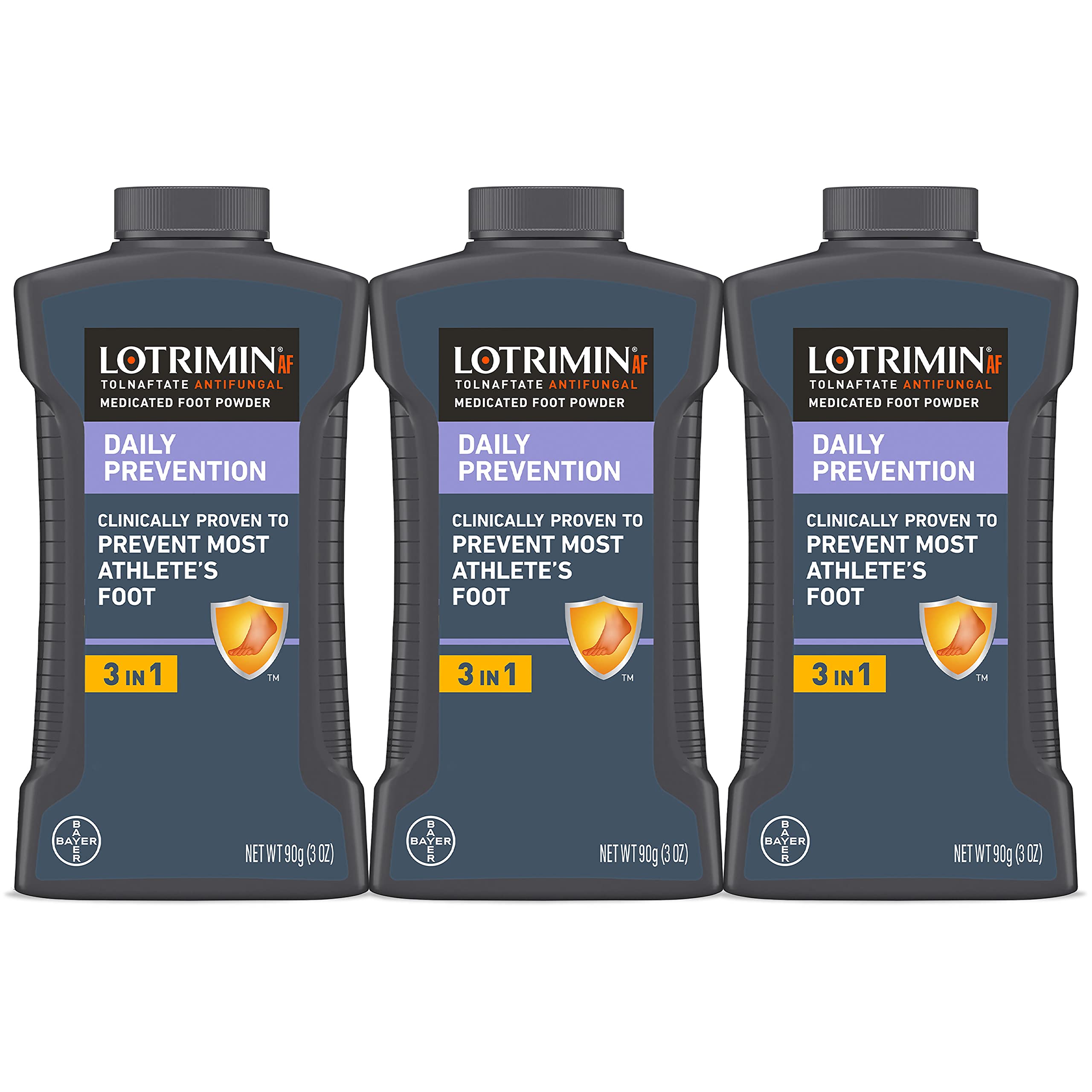 Lotrimin AF foot powder trio on counter keeps feet dry and fresh.