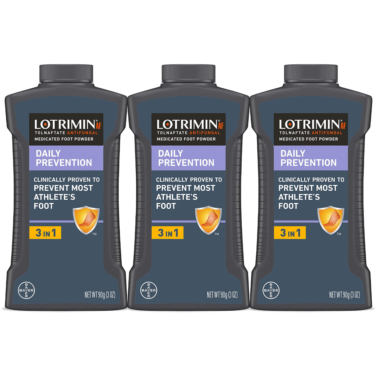 Lotrimin AF foot powder trio on counter keeps feet dry and fresh.