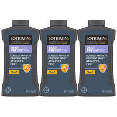 Lotrimin AF foot powder trio on counter keeps feet dry and fresh.