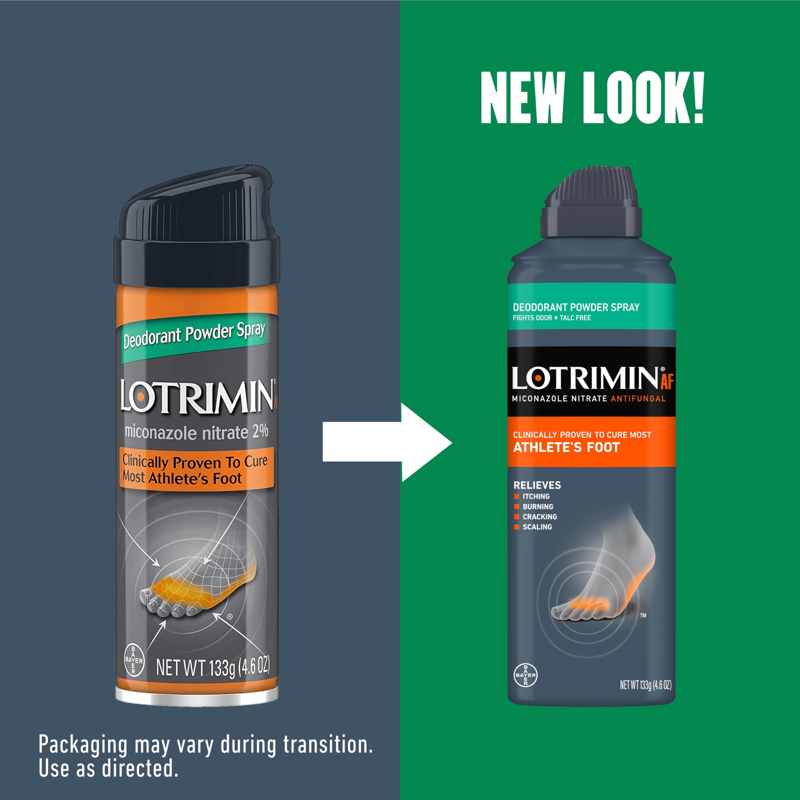 Lotrimin powder spray labeling close-up shows 2% miconazole nitrate active ingredient