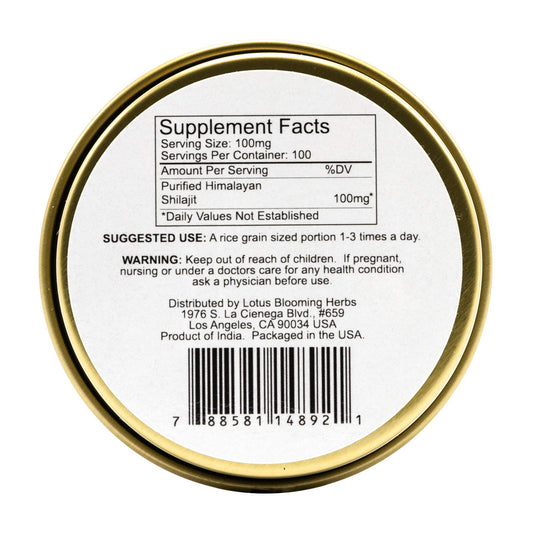 Lotus Blooming Herbs Shilajit resin jar closeup shows rich texture and authentic purity for careful dosing.