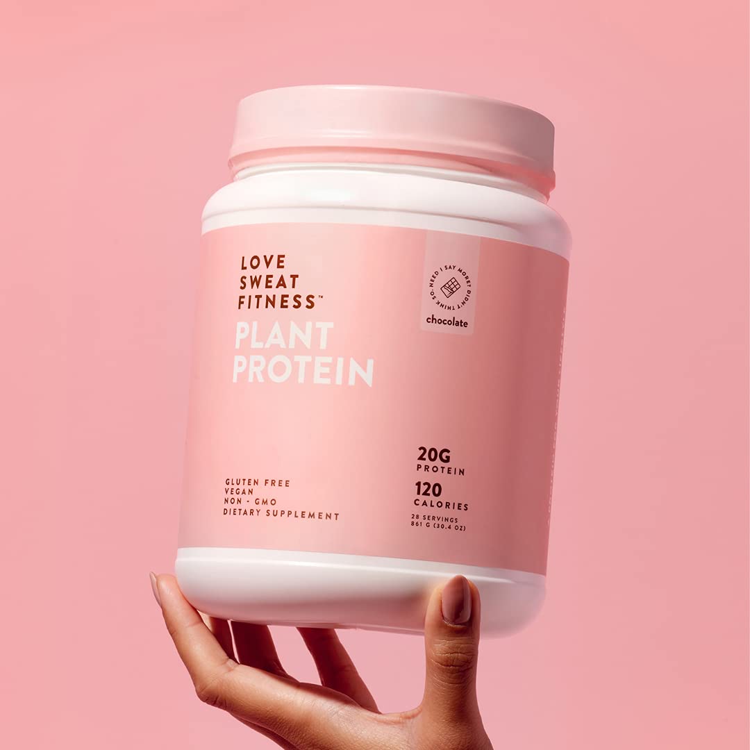 Love Sweat Fitness gluten-free and vegan badges on chocolate protein box