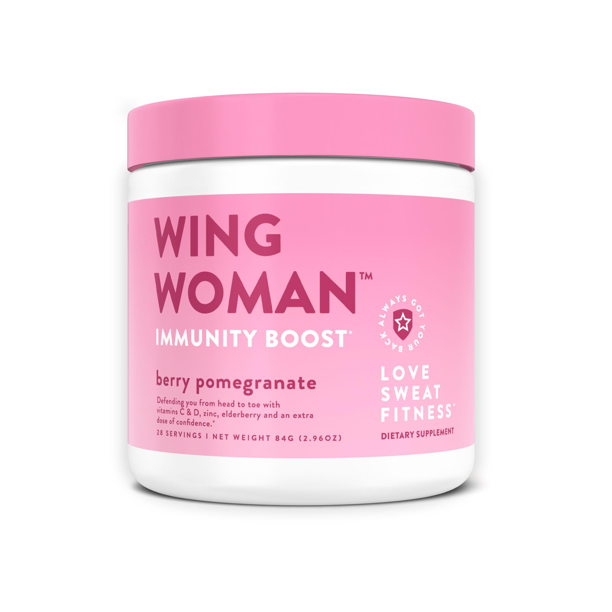 Love Sweat Fitness Immunity Boost Powder label on tub, berry pomegranate flavor for daily wellness.