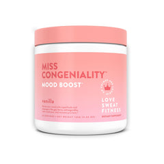 Love Sweat Fitness Mood Boost Powder tub shows Miss Congeniality Vanilla for daily energy.