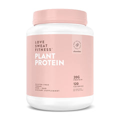 Love Sweat Fitness organic chocolate protein bottle ready for a plant-based shake
