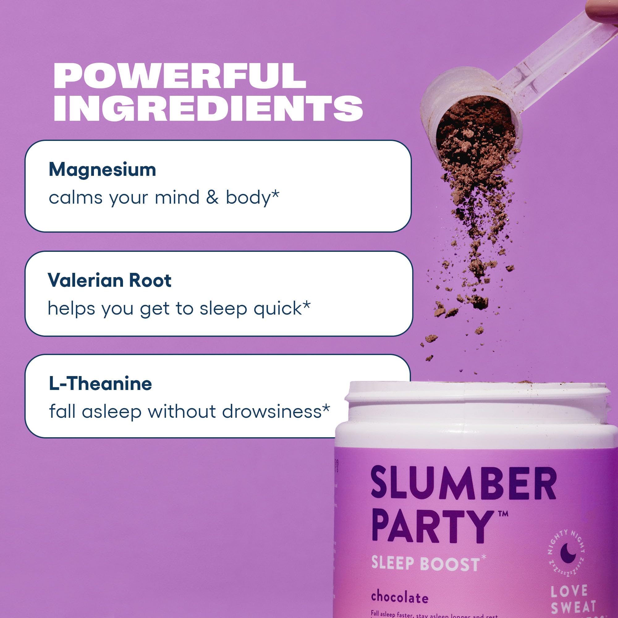 Love Sweat Fitness Sleep Boost Powder jar displayed in a pantry, vegan and gluten-free