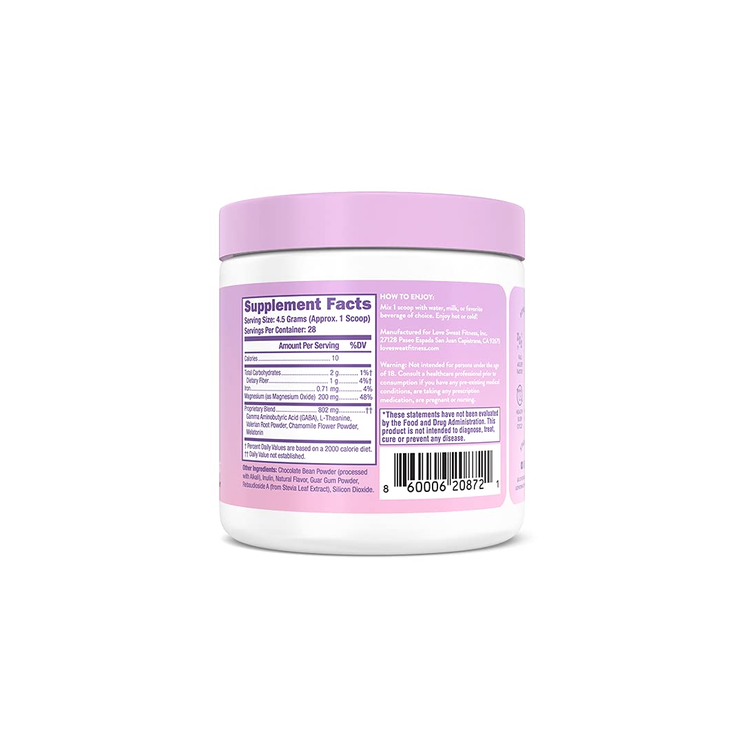 Love Sweat Fitness Sleep Boost Powder label highlights vegan, gluten-free, non-GMO ingredients