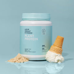 Close-up label of Love Sweat Fitness vanilla protein powder packaging.