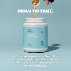 Love Sweat Fitness vanilla protein powder scoop beside a shake for quick fuel.