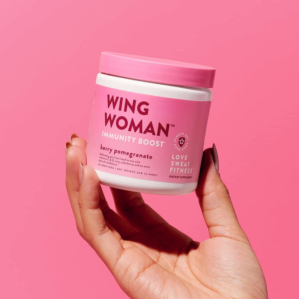 Love Sweat Fitness packaging shows vegan, non-GMO, gluten-free features.