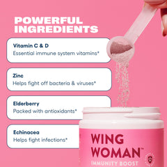 Love Sweat Fitness Wing Woman scoop pouring powder into a smoothie for a quick boost.