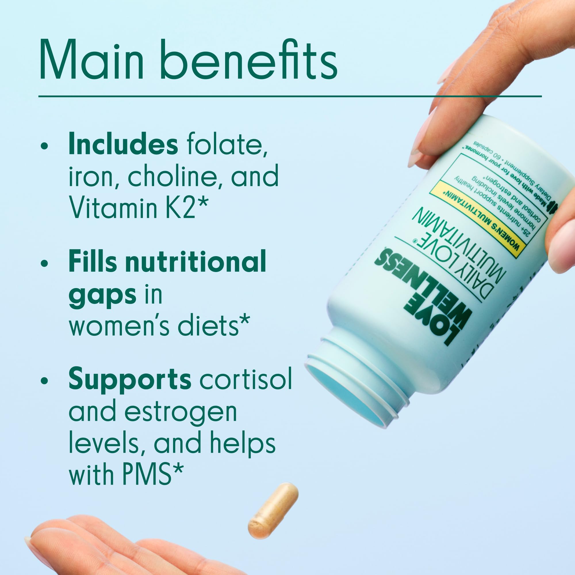 Love Wellness Big Brain Probiotics bottle highlighting gut-brain support and cognitive focus.