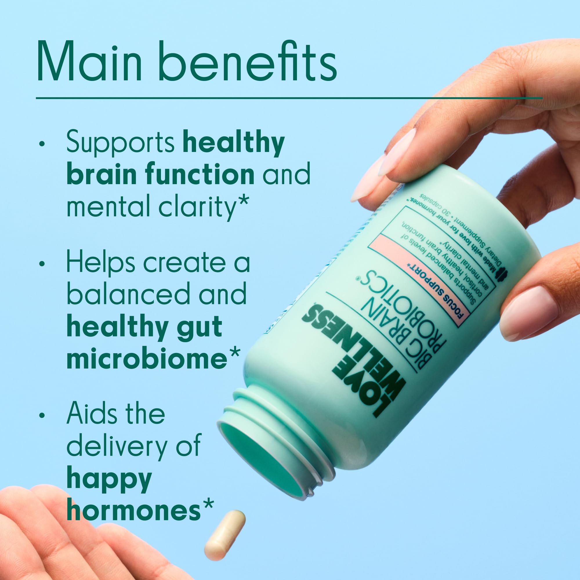 Close-up of Love Wellness Big Brain Probiotics packaging showing probiotic content.