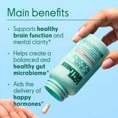 Close-up of Love Wellness Big Brain Probiotics packaging showing probiotic content.