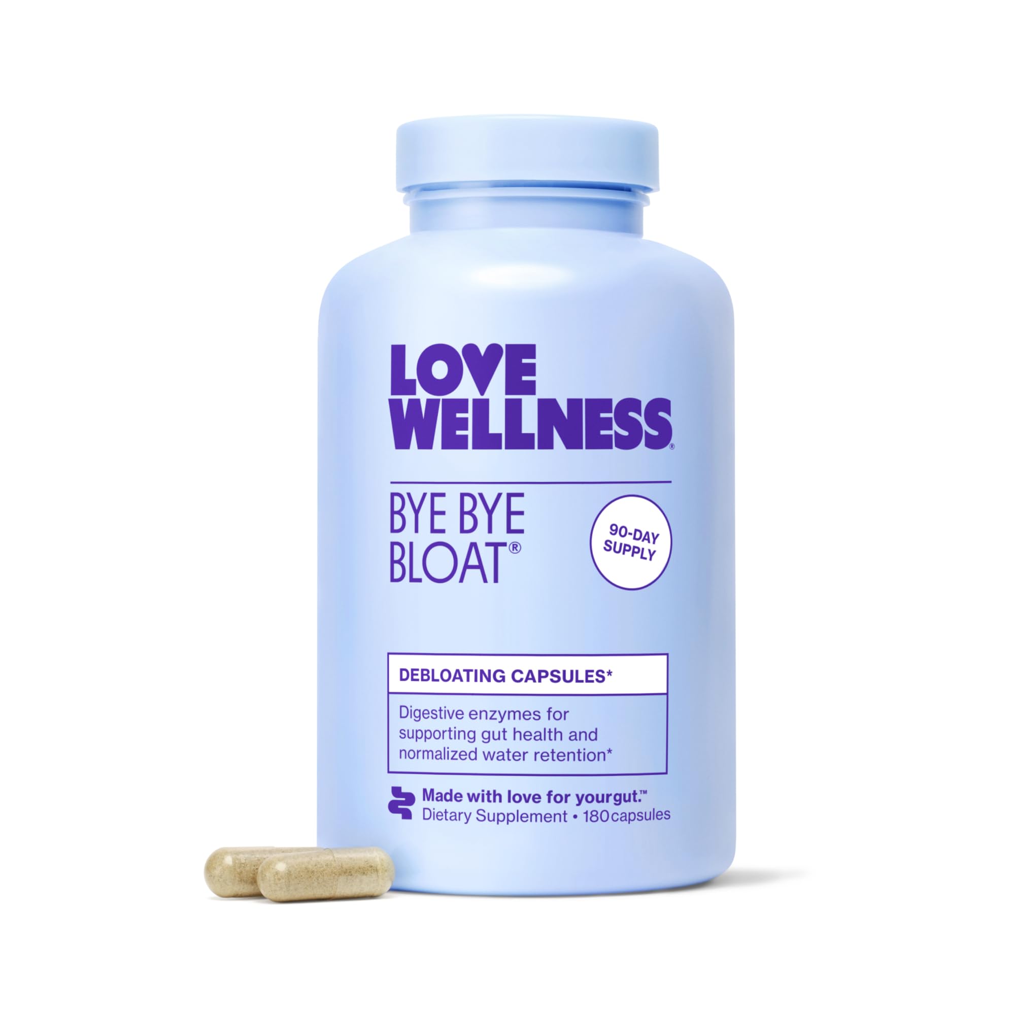 Love Wellness Bye Bye Bloat bottle front for post-meal comfort