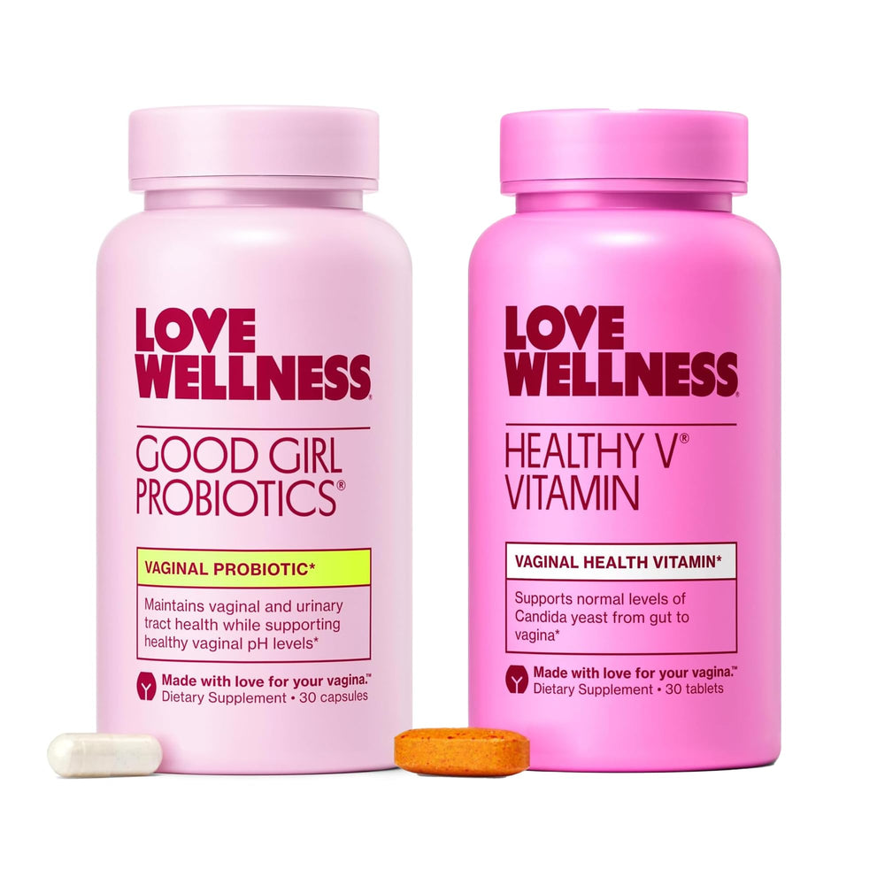 Love Wellness Good Girl Probiotics bottle pour supports daily vaginal health balance.