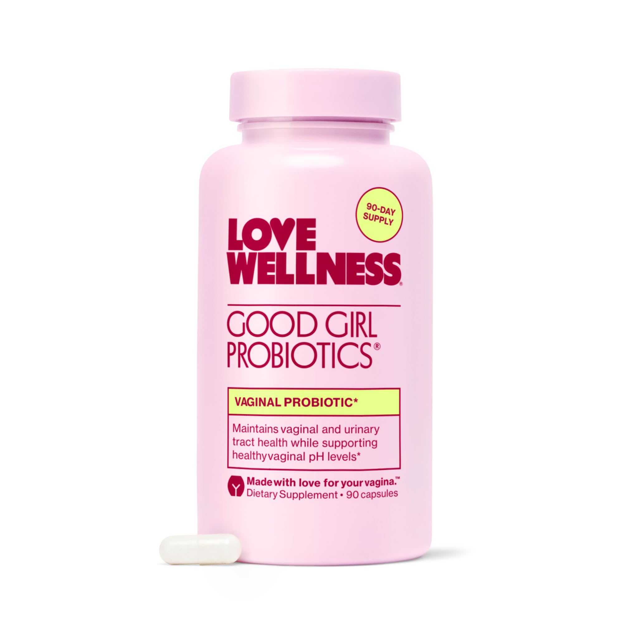 Love Wellness Good Girl Probiotics bottle shown for daily vaginal health support and convenience.