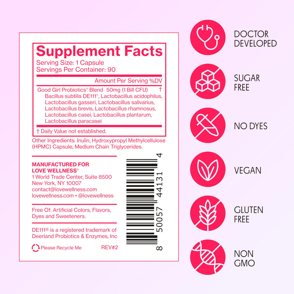 Love Wellness Good Girl Probiotics daily-dose cup and capsule imagery for everyday use.