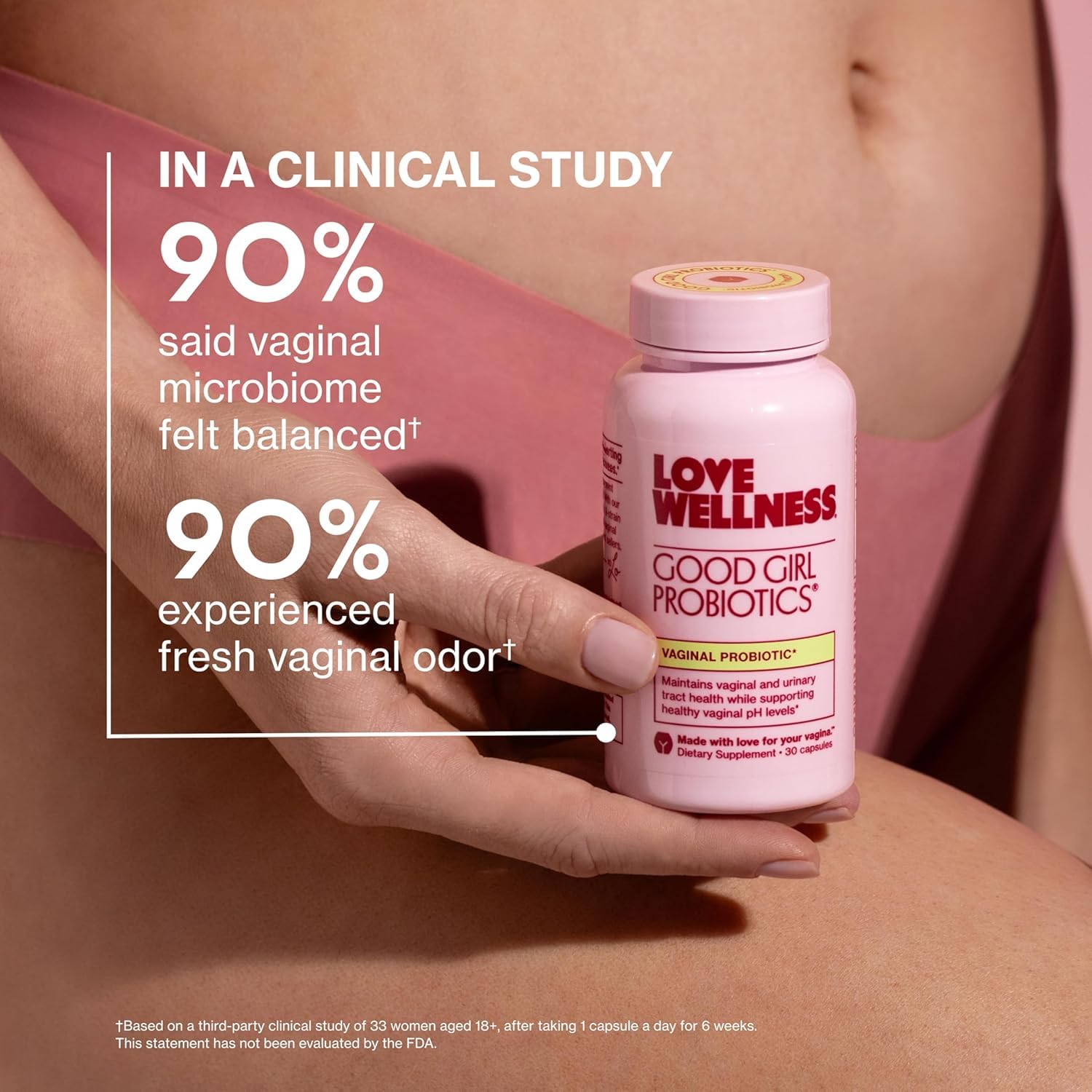 Love Wellness Good Girl Probiotics ingredient panel - DE111 among multiple strains.