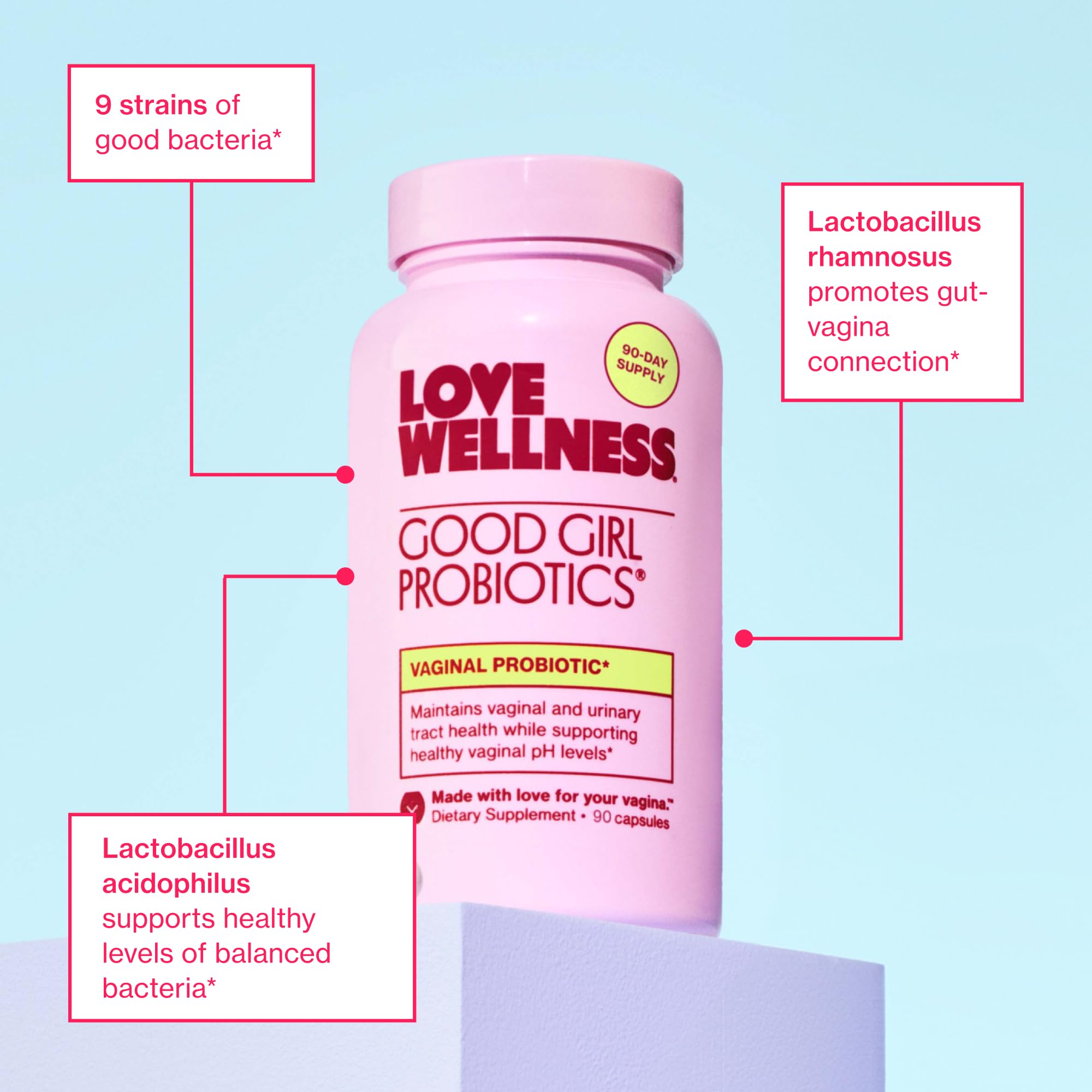 Love Wellness Good Girl Probiotics ingredients list shows gluten-free and dairy-free profile.