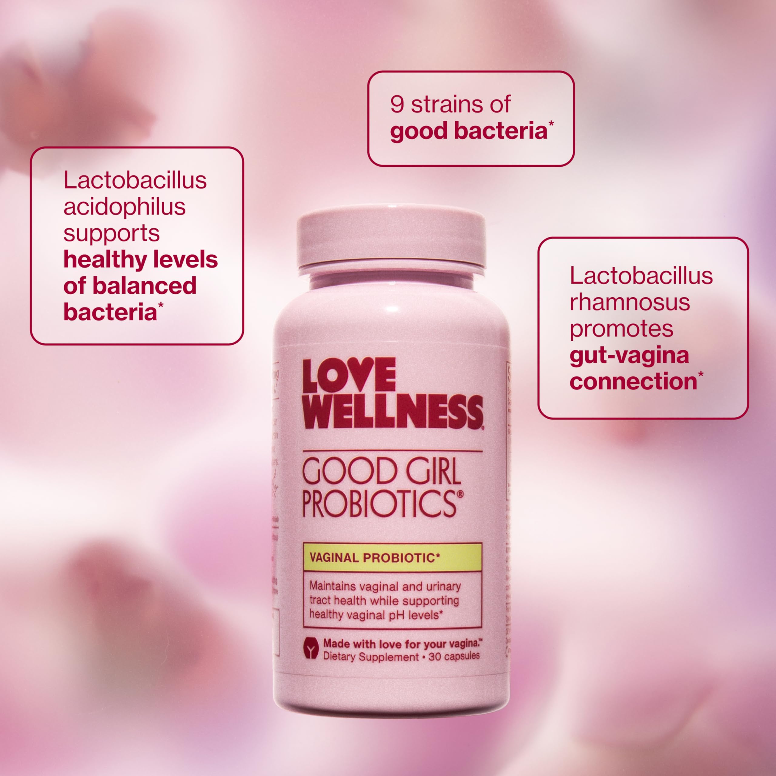 Love Wellness Good Girl Probiotics packaging - gluten-free and dairy-free ingredients highlighted.