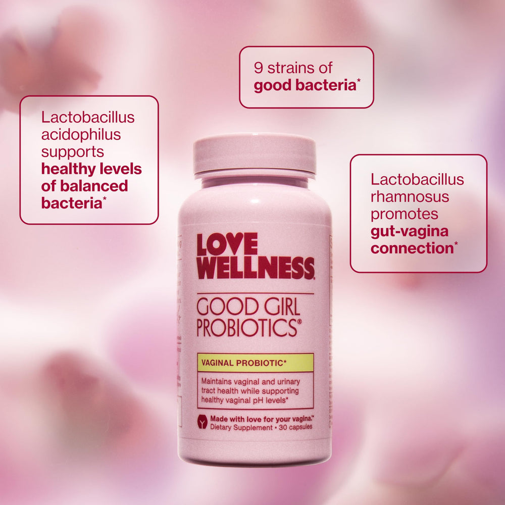 Love Wellness Good Girl Probiotics packaging - gluten-free and dairy-free ingredients highlighted.