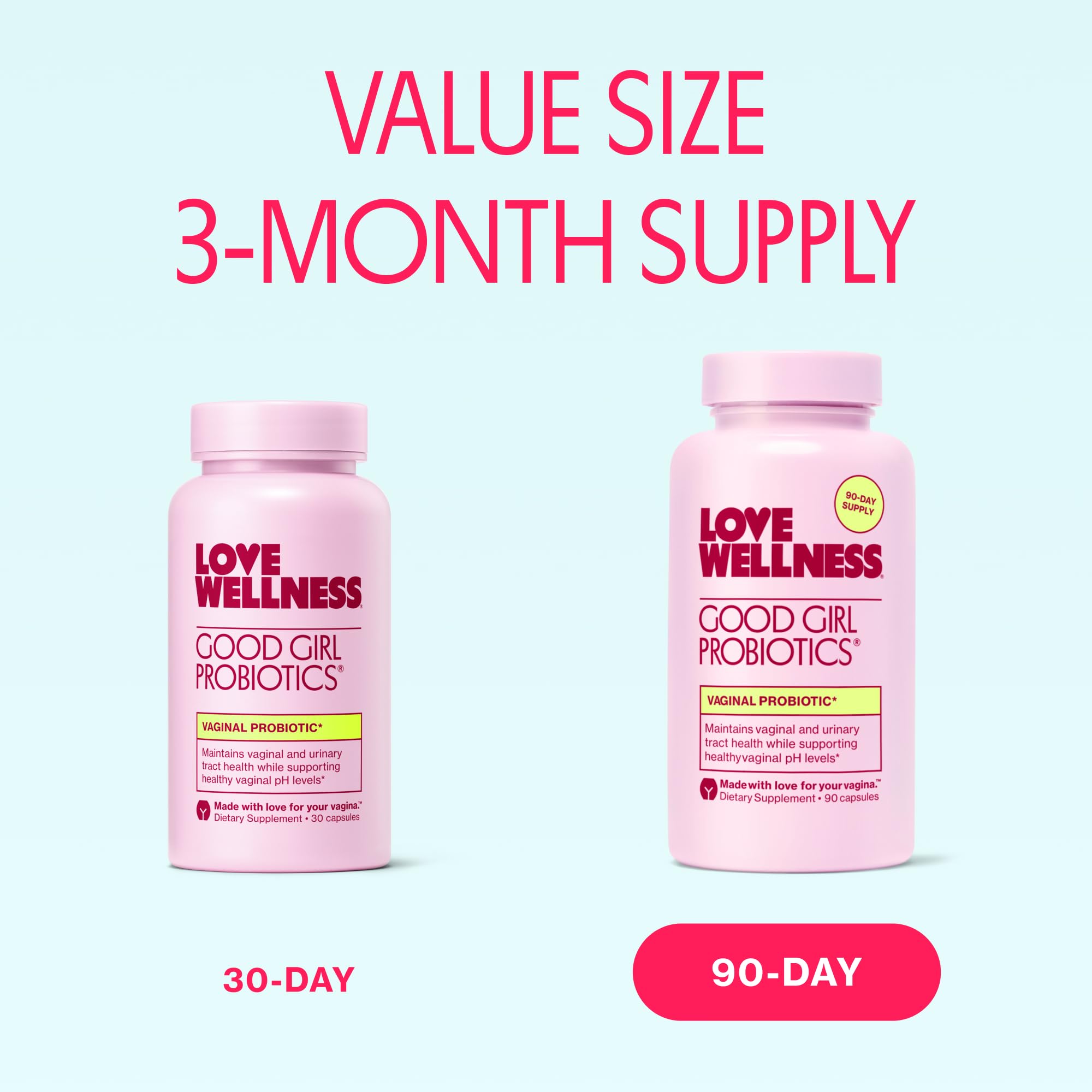 Love Wellness Good Girl Probiotics packaging highlights vegan capsule and 9-strain formula.