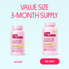 Love Wellness Good Girl Probiotics packaging highlights vegan capsule and 9-strain formula.