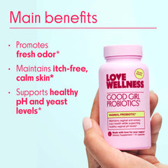 Love Wellness Good Girl Probiotics tablet inside emphasizes compact daily dose for balanced pH.