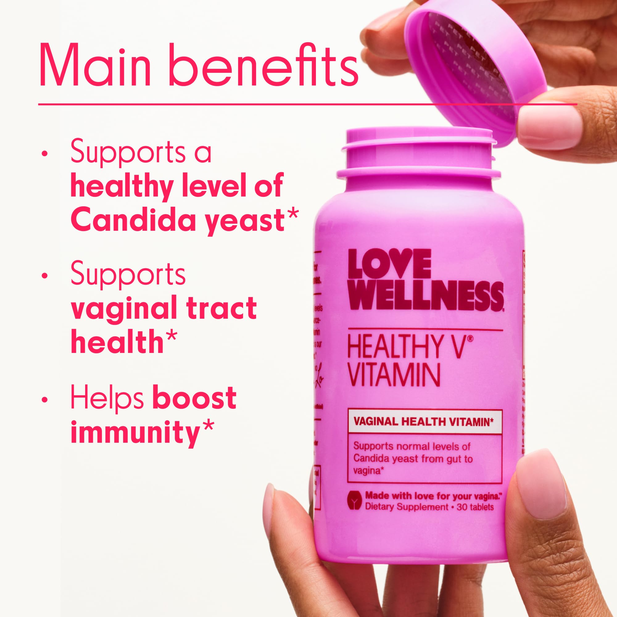 Love Wellness Healthy V Vitamin bottle highlights a system-wide support for vaginal health.