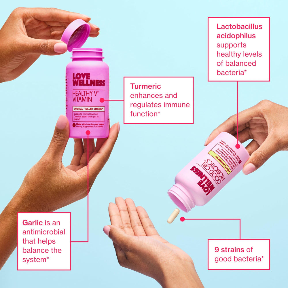 Love Wellness Healthy V Vitamin tablet closeup emphasizes immunity and Candida balance.