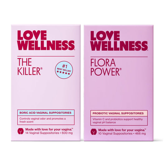 Love Wellness The Killer boric acid suppositories pack for vaginal balance and comfort.