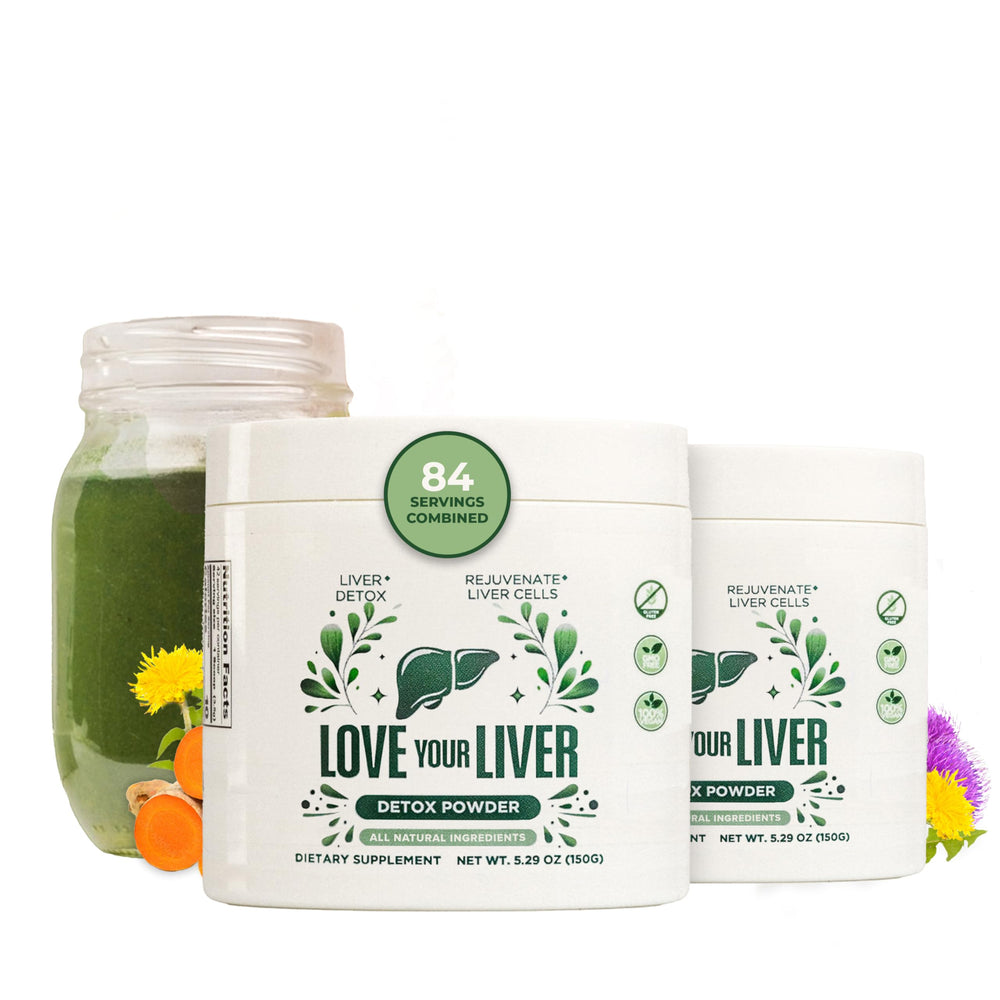 Love Your Liver detox cleanse powder bottle pouring for daily liver support.