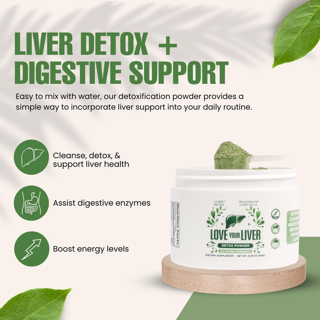 Love Your Liver detox cleanse powder glass with prepared drink showing easy mixing.