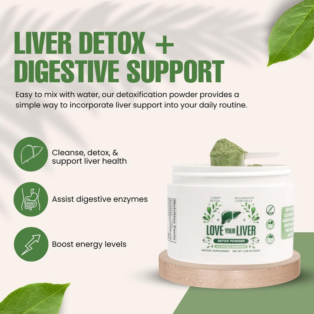 Love Your Liver detox cleanse powder glass with prepared drink showing easy mixing.