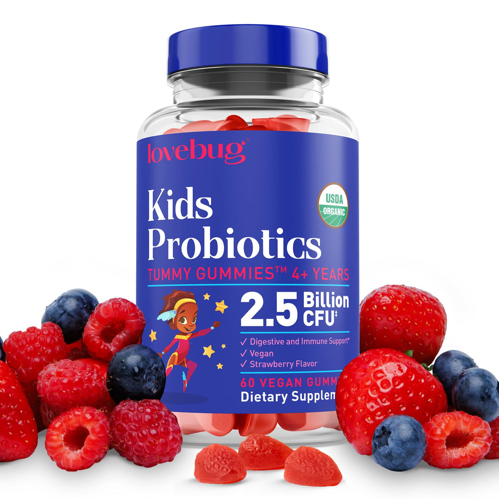 Lovebug Kids Probiotic Gummies bottle front view; supports gut health.
