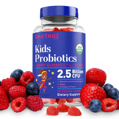 Lovebug Kids Probiotic Gummies bottle front view; supports gut health.