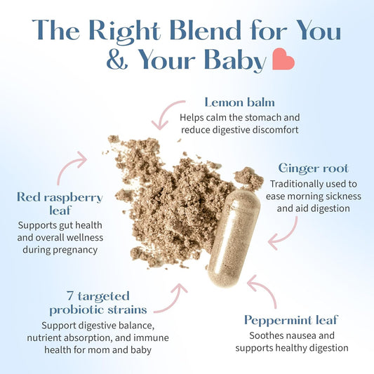 LOVEBUG Prenatal Probiotic bottle label closeup shows seven-strain blend for digestive comfort.