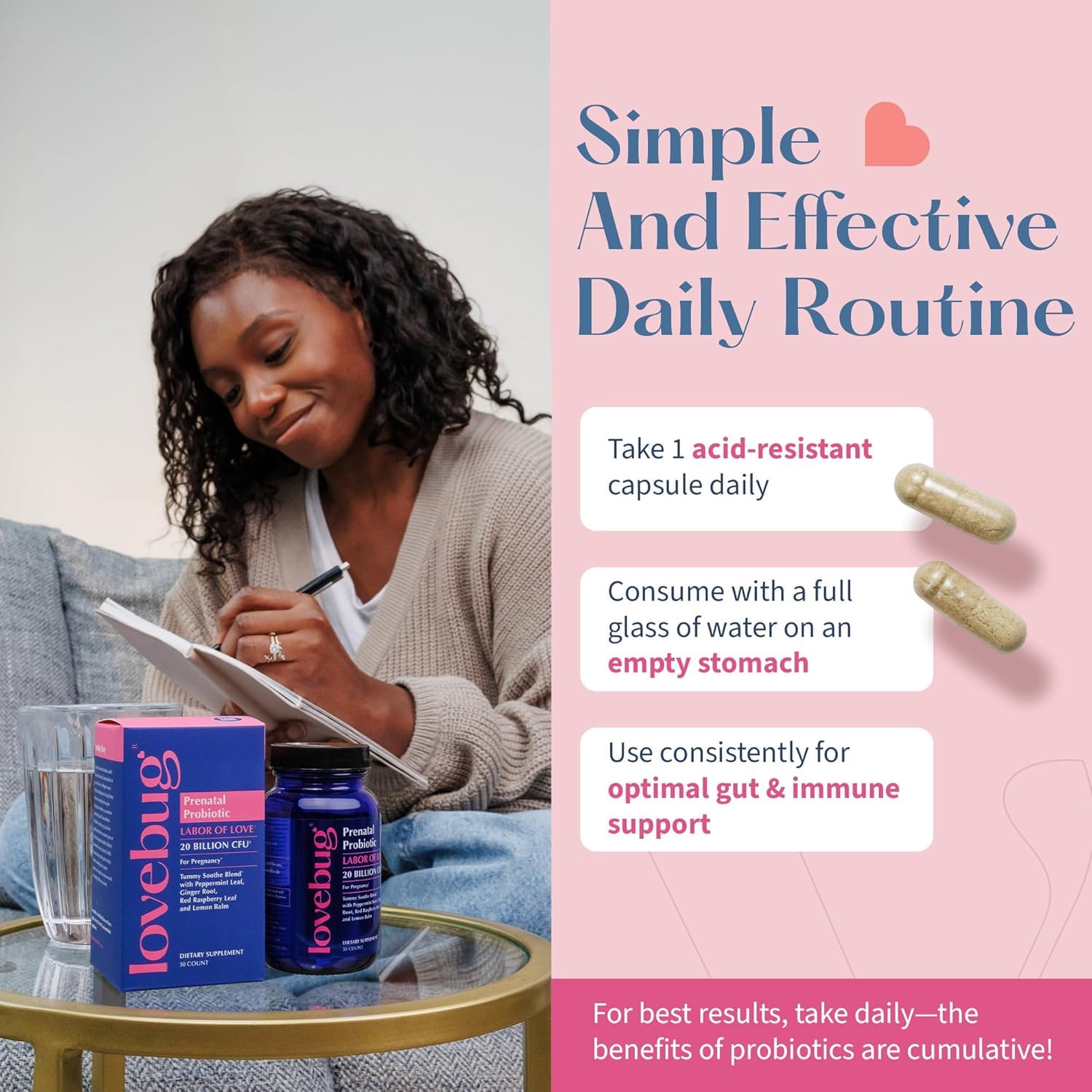 LOVEBUG Prenatal Probiotic packaging on shelf ready to integrate into prenatal routines.