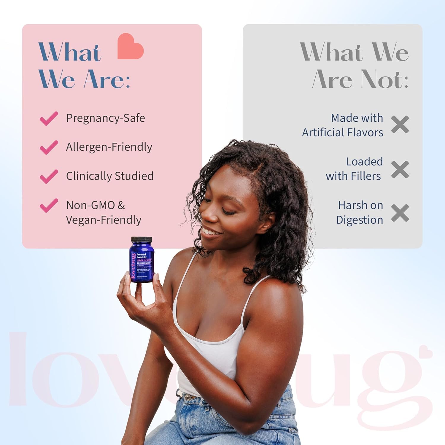 LOVEBUG Prenatal Probiotic tummy soothe blend visual highlights peppermint, ginger, and lemon balm.