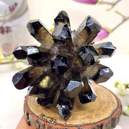 Loverain quartz cluster side view emphasizing rugged form and light reflection.