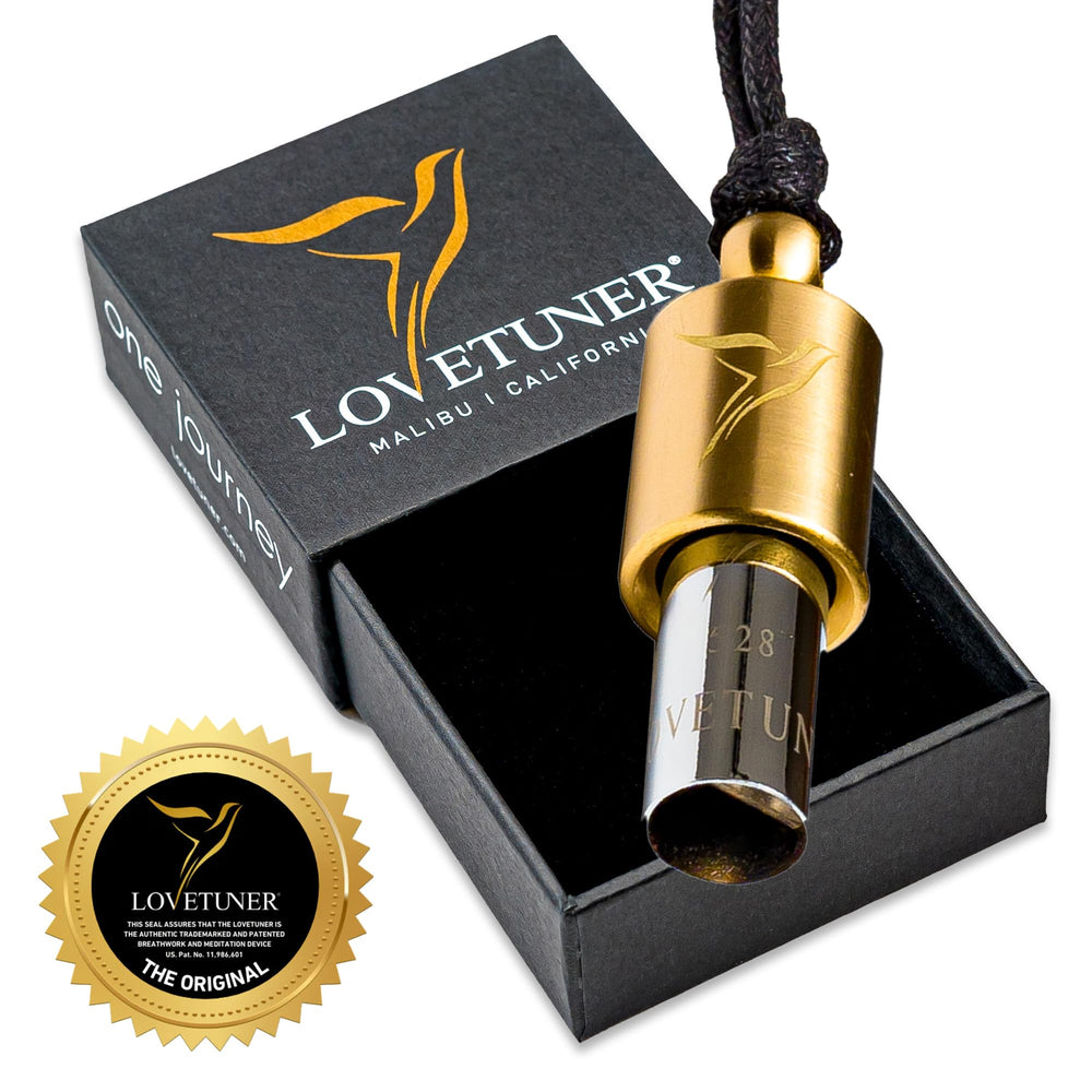 Lovetuner waxed-cord necklace worn for on-the-go stress relief.