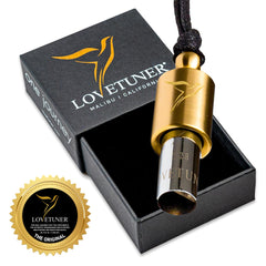 Lovetuner waxed-cord necklace worn for on-the-go stress relief.